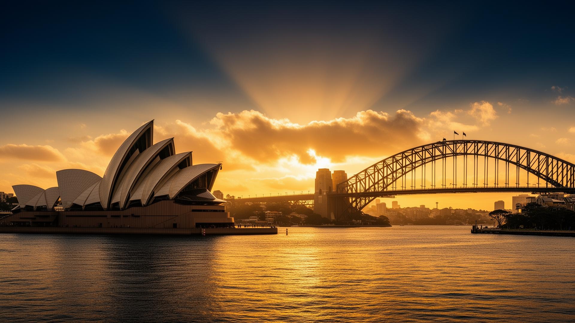 Sydney Opera House and Sydney Harbour Bridge at golden sunrise — Winners Chapel Sydney is at home in the heart of Sydney