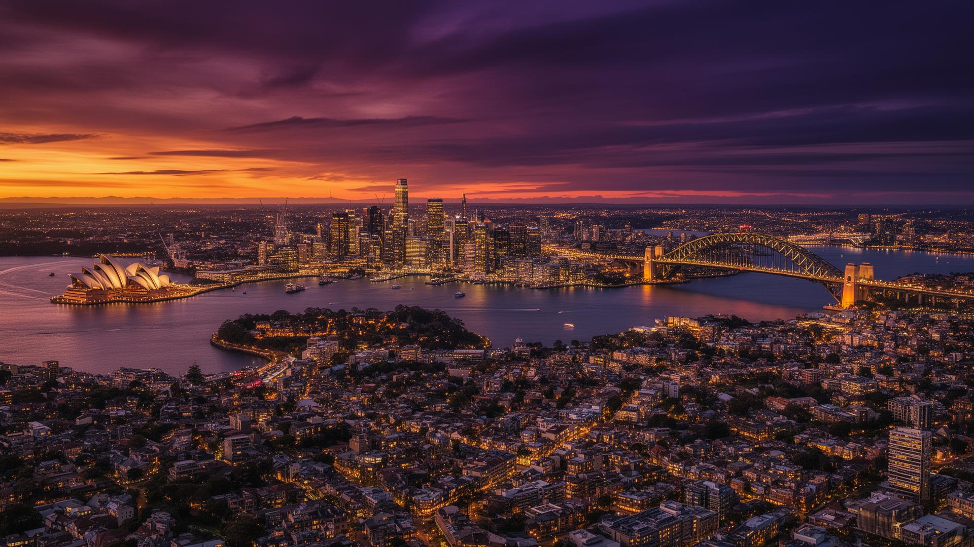 Aerial dusk view of Sydney CBD with Opera House and Harbour Bridge glowing — A Sydney-wide revival